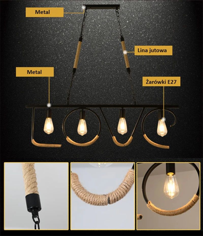 Lampa Wisząca Z Liny Jutowej LOVE Rustykalna - obrazek 13
