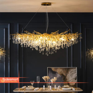 Kryształowa Lampa Wisząca Gałęzie Żyrandol Podłużny Złoty