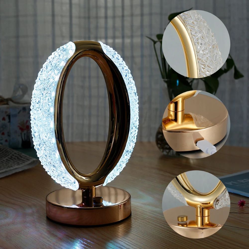 Lampa Stołowa Nocna Glamour Crystal LED USB Złoty - obrazek 5