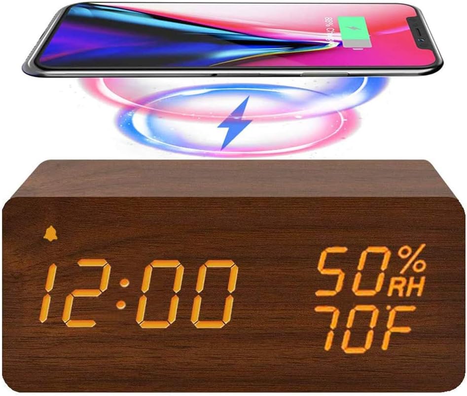 Drewniany Zegar Budzik Termometr Bezprzewodowa Ładowarka - obrazek 5