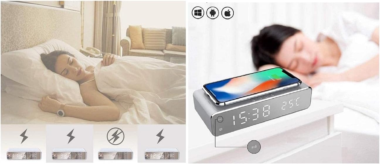 Lustrzany Zegar Budzik Termometr Bezprzewodowa Ładowarka - obrazek 15