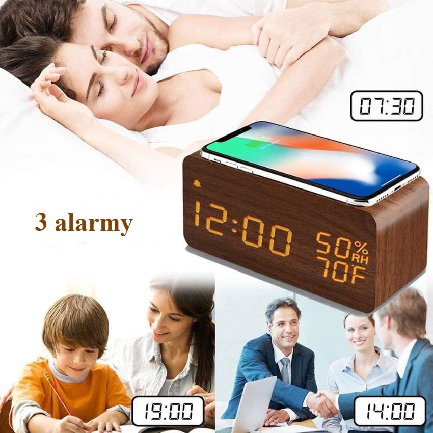 Drewniany Zegar Budzik Termometr Bezprzewodowa Ładowarka - obrazek 15