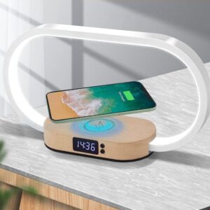 Zegar Budzik Lampka Nocna Bezprzewodowa Ładowarka Wood Biała