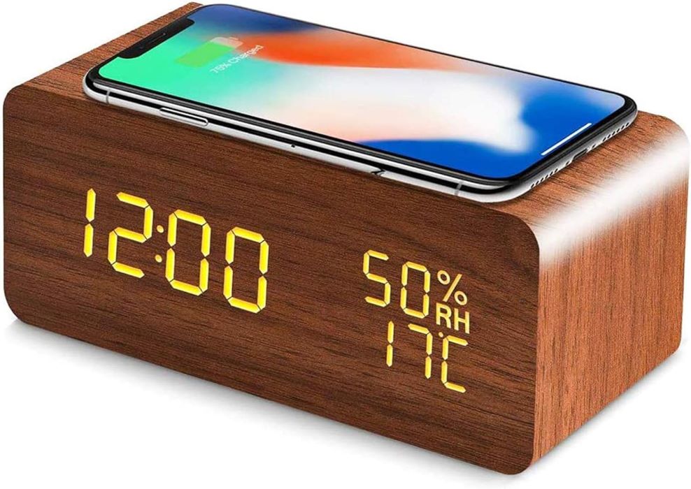 Drewniany Zegar Budzik Termometr Bezprzewodowa Ładowarka - obrazek 6