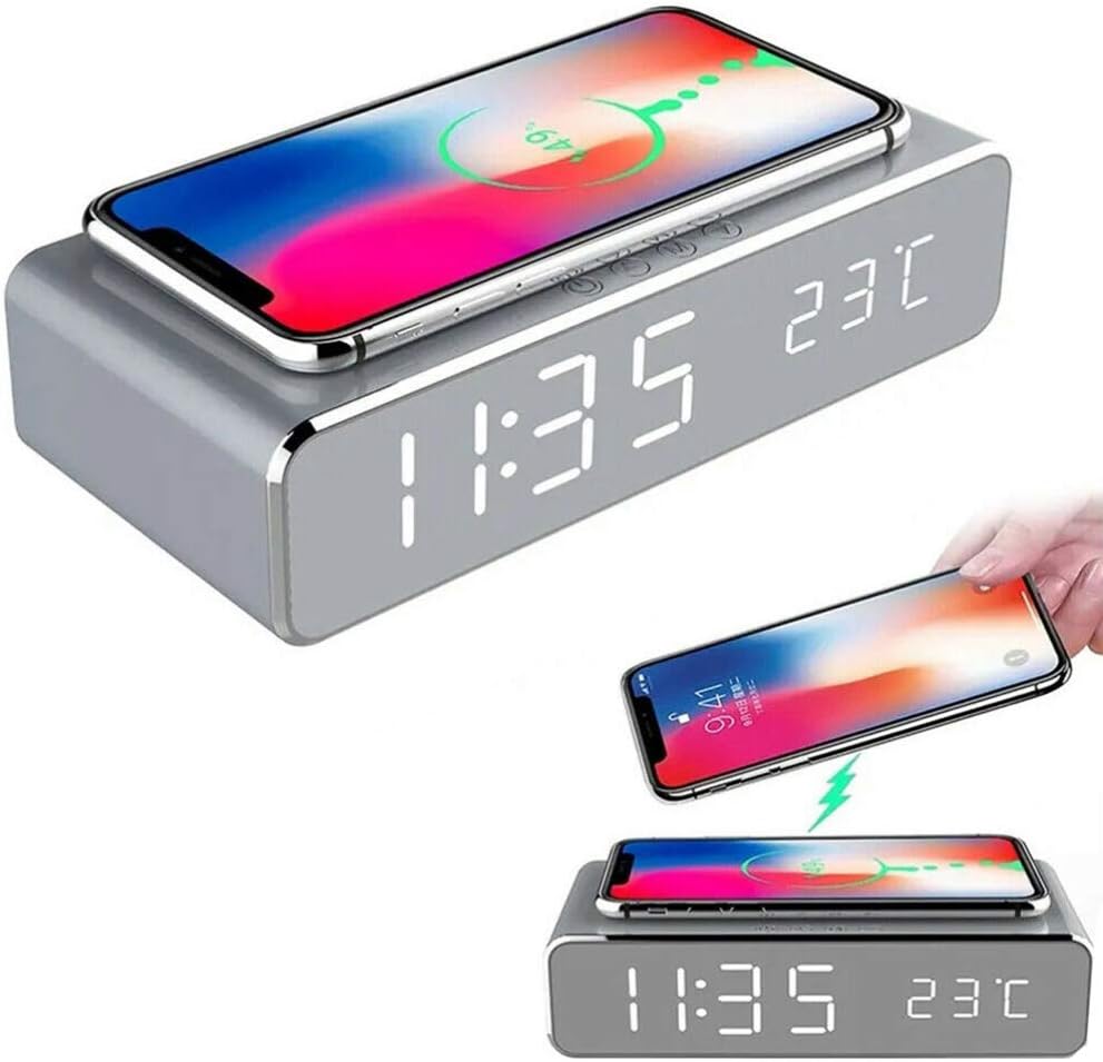 Lustrzany Zegar Budzik Termometr Bezprzewodowa Ładowarka - obrazek 8