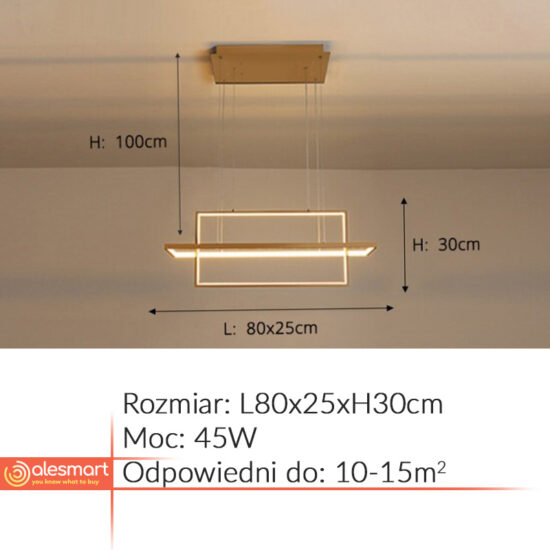 Lampa wisząca świecące 2 prostokąty LED 45W 80x25x30cm kolor biały, czarny, złoty. Idealnie nadaje się na stół jadalny w nowoczesnym stylu.