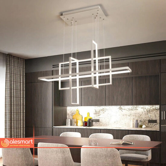 Lampa wisząca świecące 4 prostokąty LED 98W 100x25x50cm kolor biały, czarny, złoty. Idealnie nadaje się na stół jadalny w nowoczesnym stylu.