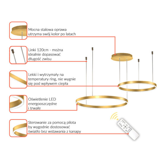 Żyrandol Nowoczesny instrukcja Ring LED złoty lampa sufitowa wisząca