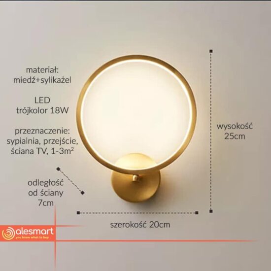 Kinkiet Lampa ścienna RING złota LED Nowoczesna 25x20x7cm 18W do sypialni, salonu.