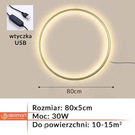 Lampa ścienna RING złoty i czarny nocna LED USB Nowoczesna do sypialni, salonu.