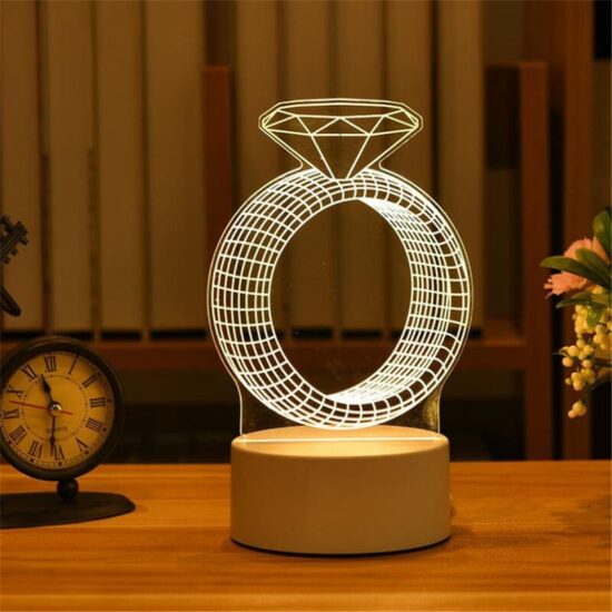 Lampka nocna pierścionek LED akrylowa nowoczesna 3D. Lampa stołowa do sypialni, do pokoju dziecięcego.