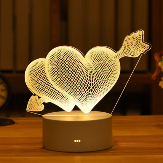 Lampka nocna serca LED akrylowa nowoczesna 3D. Lampa stołowa do sypialni, do pokoju dziecięcego.