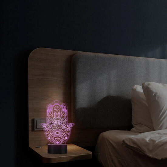 Lampka nocna Hamsa mandala boho LED 3D dekoracyjna, nietypowa, stylowa. Do sypialni, do salonu, do gabinetu.