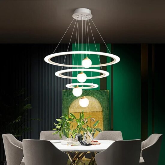 Biały żyrandol Rings LED art deco minimalistyczny i elegancki. Do salonu, do jadalni, do sypialni.