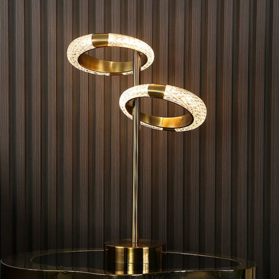 Złota lampa stołowa Rings glamour luksusowa i zjawiskowa. Do sypialni, do salonu, do gabinetu.