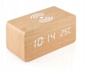 Drewniany zegar cyfrowy budzik z funkcją termometru i bezprzewodowej ładowarki w kolorze czarnym oraz jasnego i ciemnego drewna
