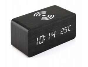 Drewniany zegar cyfrowy budzik z funkcją termometru i bezprzewodowej ładowarki w kolorze czarnym oraz jasnego i ciemnego drewna