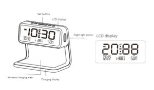 Zegar cyfrowy budzik z funkcją lampki nocnej i bezprzewodowej ładowarki w kolorze białym z dodatkiem materiału