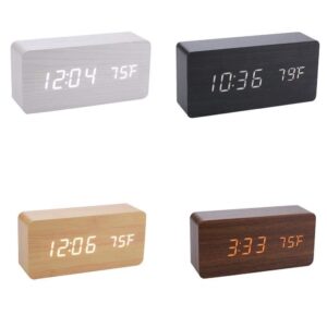 Drewniany zegar cyfrowy budzik z funkcją termometru w kolorze czarnym, białym oraz jasnego i ciemnego drewna