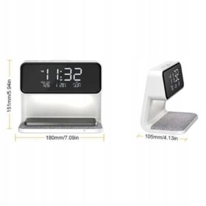 Zegar cyfrowy budzik z funkcją lampki nocnej i bezprzewodowej ładowarki w kolorze białym z dodatkiem materiału