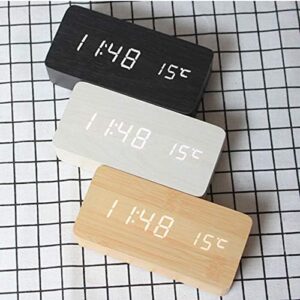 Drewniany zegar cyfrowy budzik z funkcją termometru w kolorze czarnym, białym oraz jasnego i ciemnego drewna