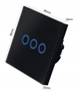 Nowoczesny dotykowy szklany włącznik światła LED potrójny w kolorze czarnym i białym.