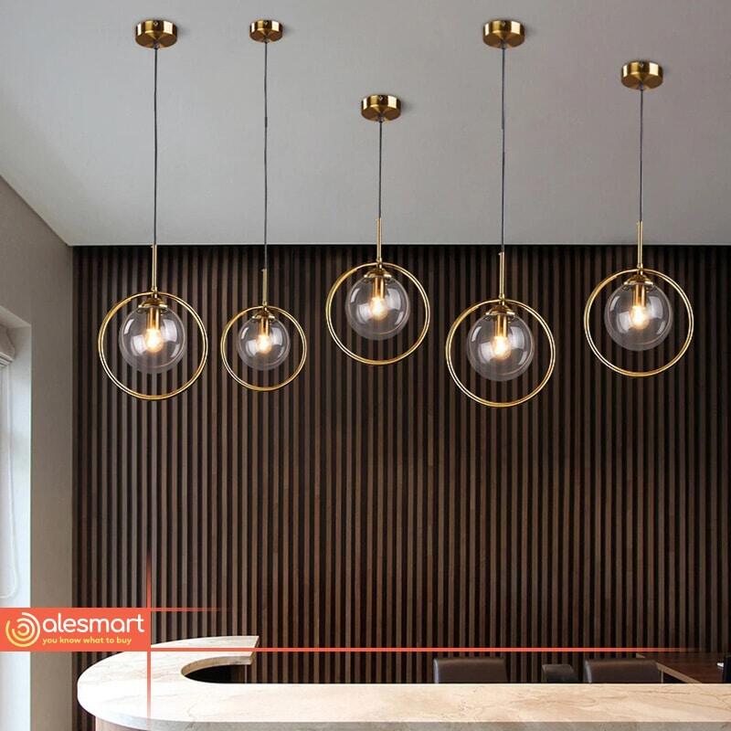 Nowoczesna lampa wisząca szklana kula złoty pierścień - obrazek 2