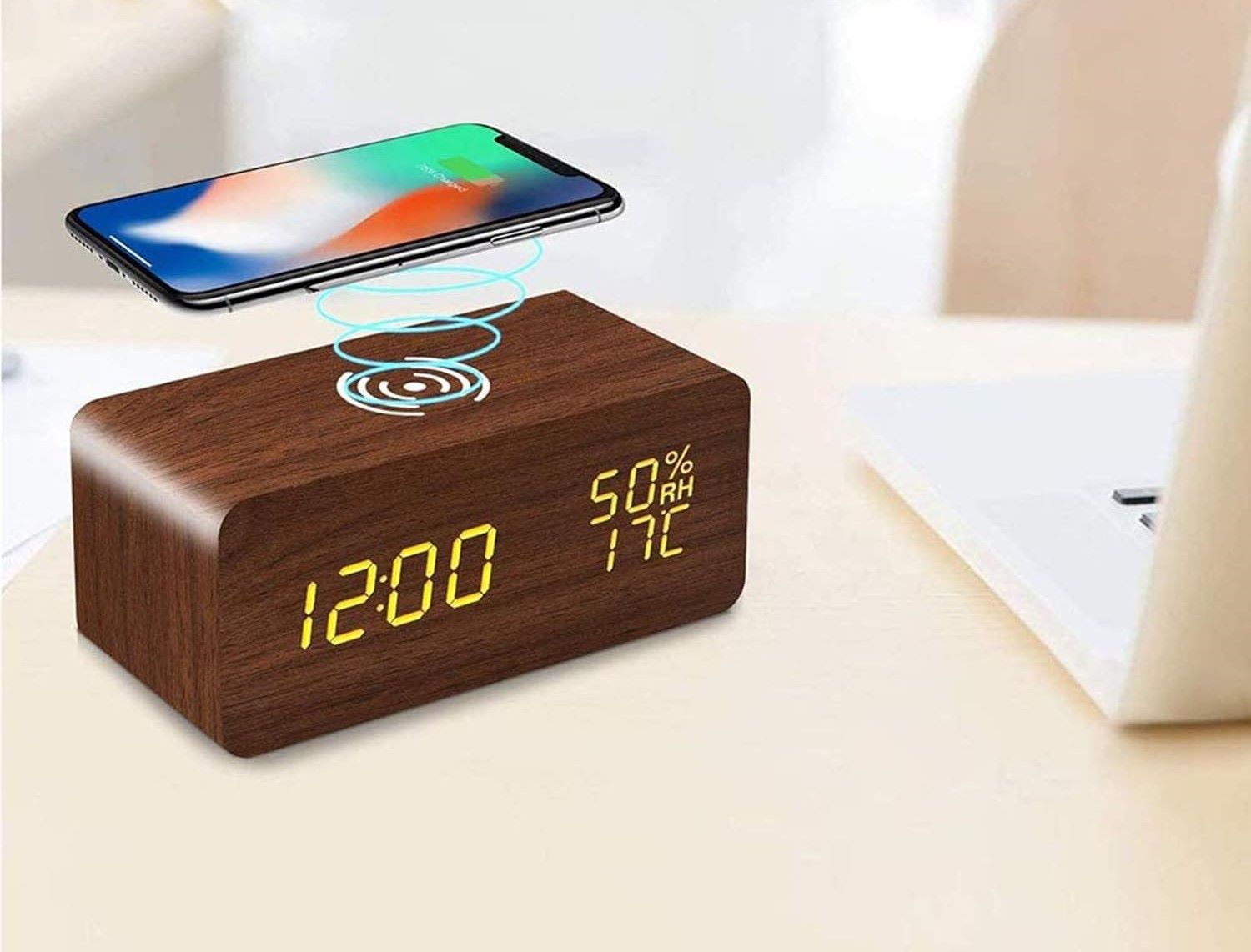 Drewniany Zegar Budzik Termometr Bezprzewodowa Ładowarka - obrazek 2