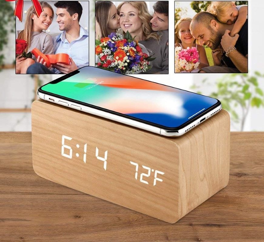 Drewniany Zegar Budzik Termometr Bezprzewodowa Ładowarka - obrazek 9