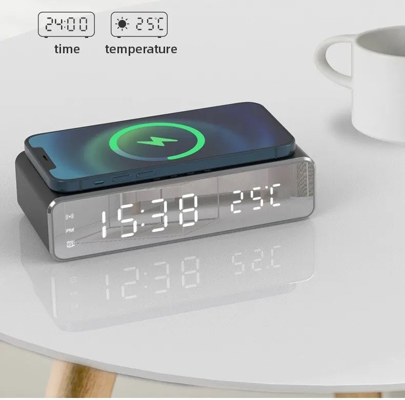 Lustrzany Zegar Budzik Termometr Bezprzewodowa Ładowarka