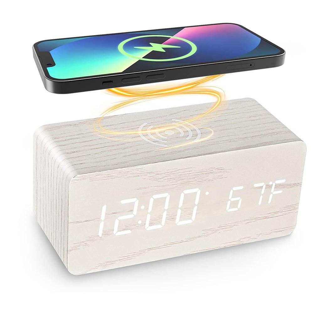 Drewniany Zegar Budzik Termometr Bezprzewodowa Ładowarka - obrazek 17