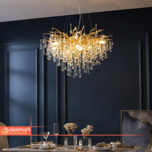 Kryształowa Lampa Wisząca Gałęzie Żyrandol Okrągły Złoty