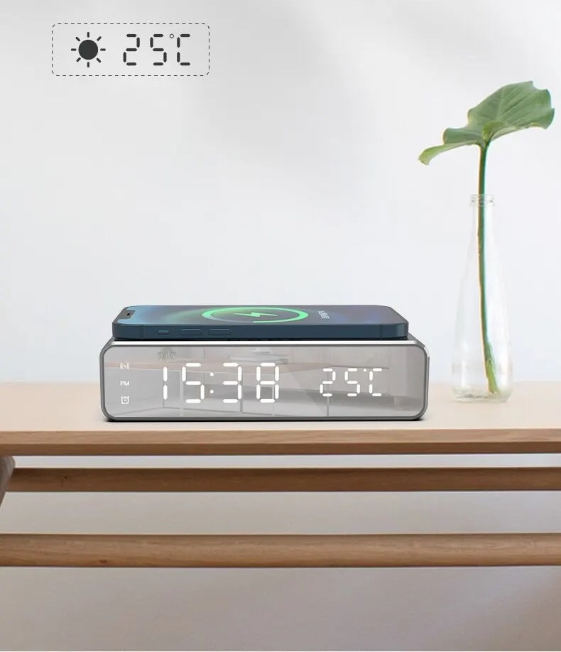 Lustrzany Zegar Budzik Termometr Bezprzewodowa Ładowarka - obrazek 3