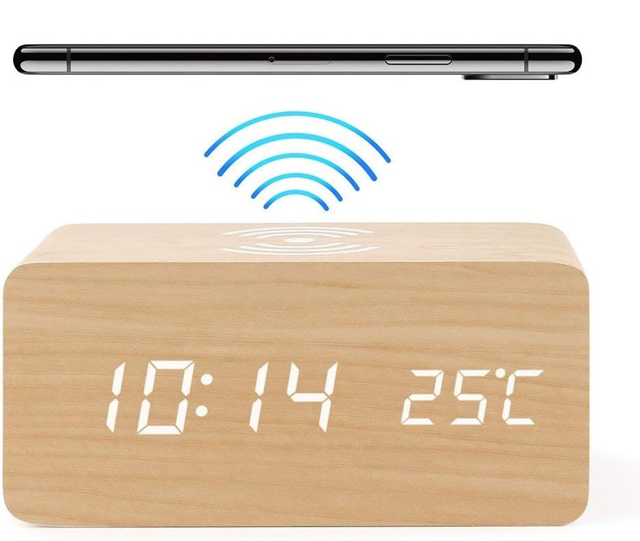 Drewniany Zegar Budzik Termometr Bezprzewodowa Ładowarka - obrazek 10