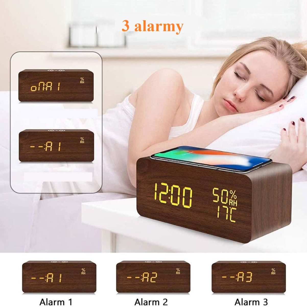 Drewniany Zegar Budzik Termometr Bezprzewodowa Ładowarka - obrazek 11