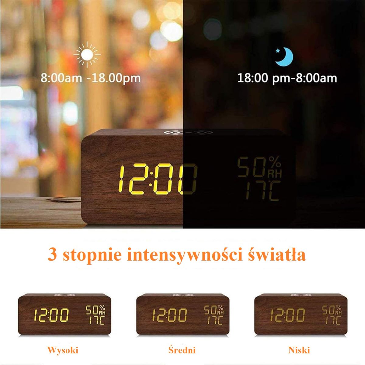 Drewniany Zegar Budzik Termometr Bezprzewodowa Ładowarka - obrazek 12