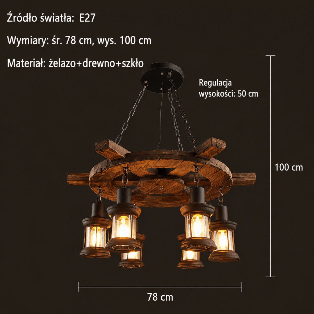 Lampa wisząca rustykalna z drewnianym kołem 6