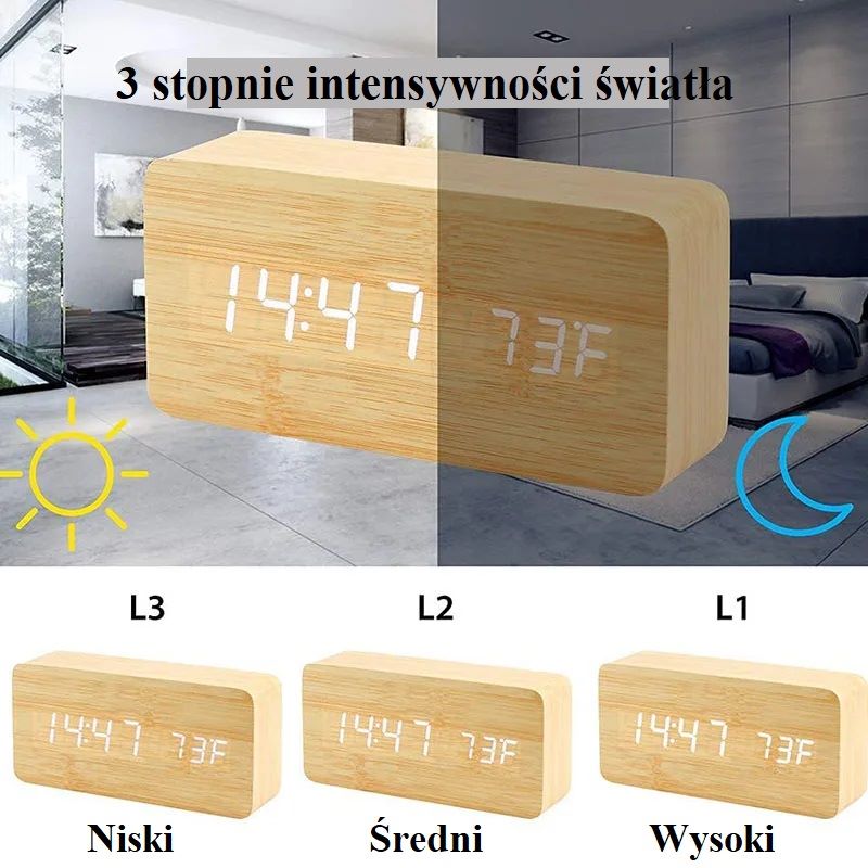 Prostokątny Drewniany Zegar Budzik Termometr - obrazek 11
