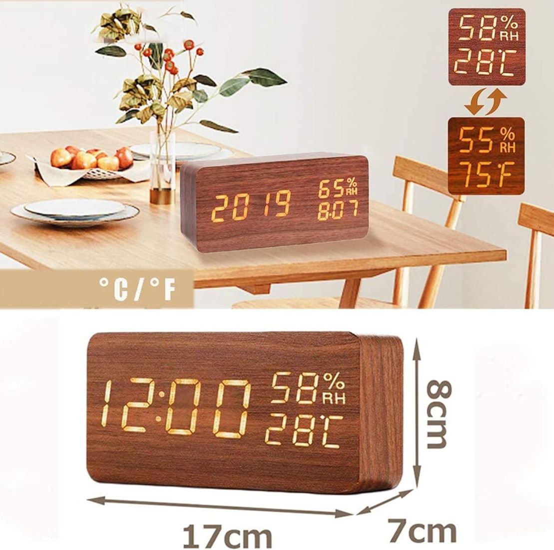 Drewniany Zegar Budzik Termometr Bezprzewodowa Ładowarka - obrazek 13