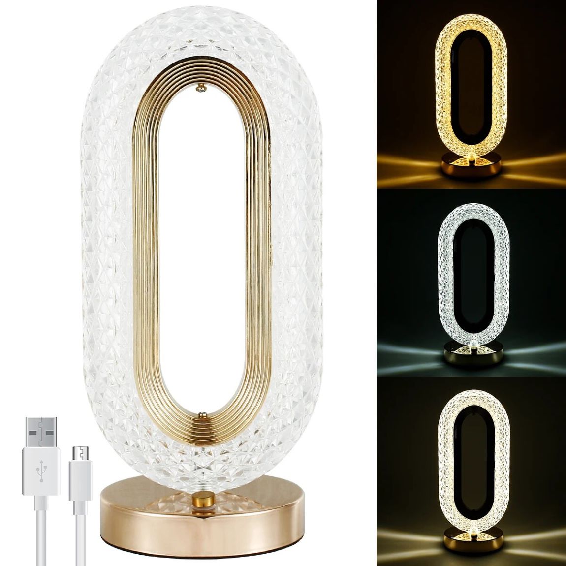 Lampa Stołowa Nocna Glamour Crystal LED USB Złoty - obrazek 7