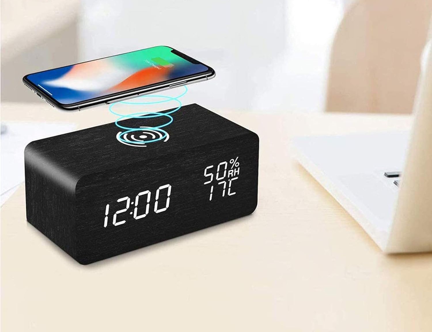 Drewniany Zegar Budzik Termometr Bezprzewodowa Ładowarka - obrazek 3