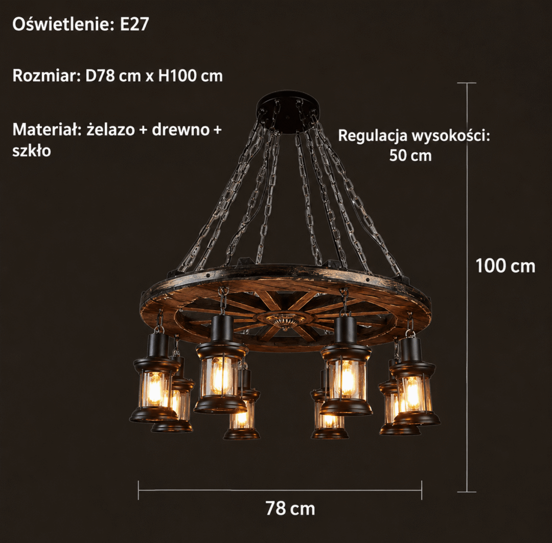 Lampa wisząca rustykalna z drewnianym kołem 8
