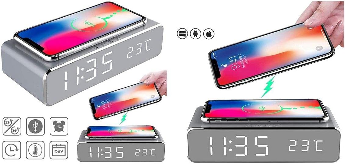 Lustrzany Zegar Budzik Termometr Bezprzewodowa Ładowarka - obrazek 13