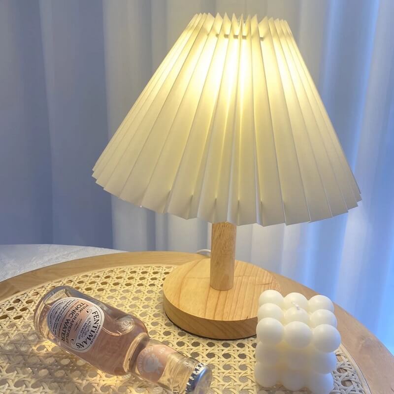 Drewniana Lampka Nocna Plisowany Abażur Retro Boho - obrazek 5