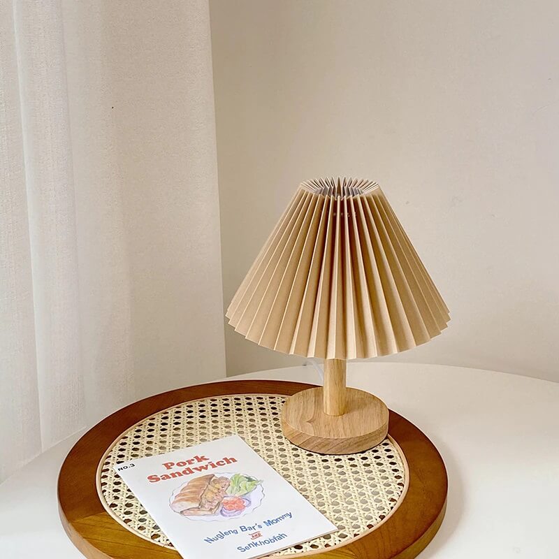 Drewniana Lampka Nocna Plisowany Abażur Retro Boho - obrazek 10