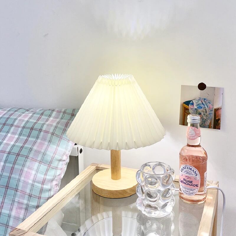 Drewniana Lampka Nocna Plisowany Abażur Retro Boho - obrazek 3