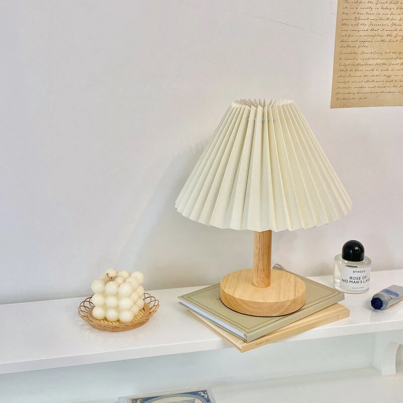 Drewniana Lampka Nocna Plisowany Abażur Retro Boho - obrazek 2