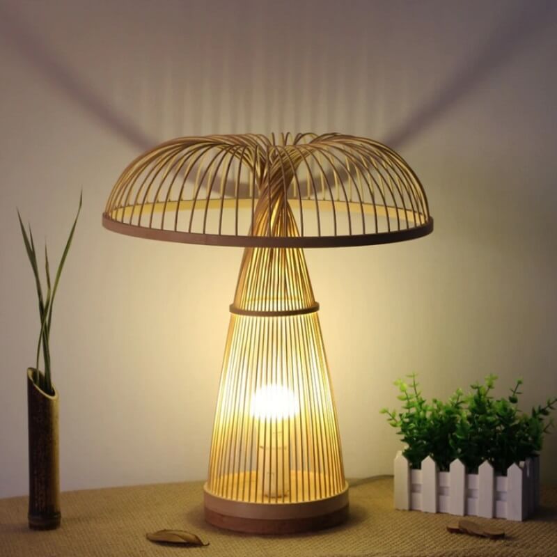 Lampa Stołowa Drewniana Grzybek Retro Boho