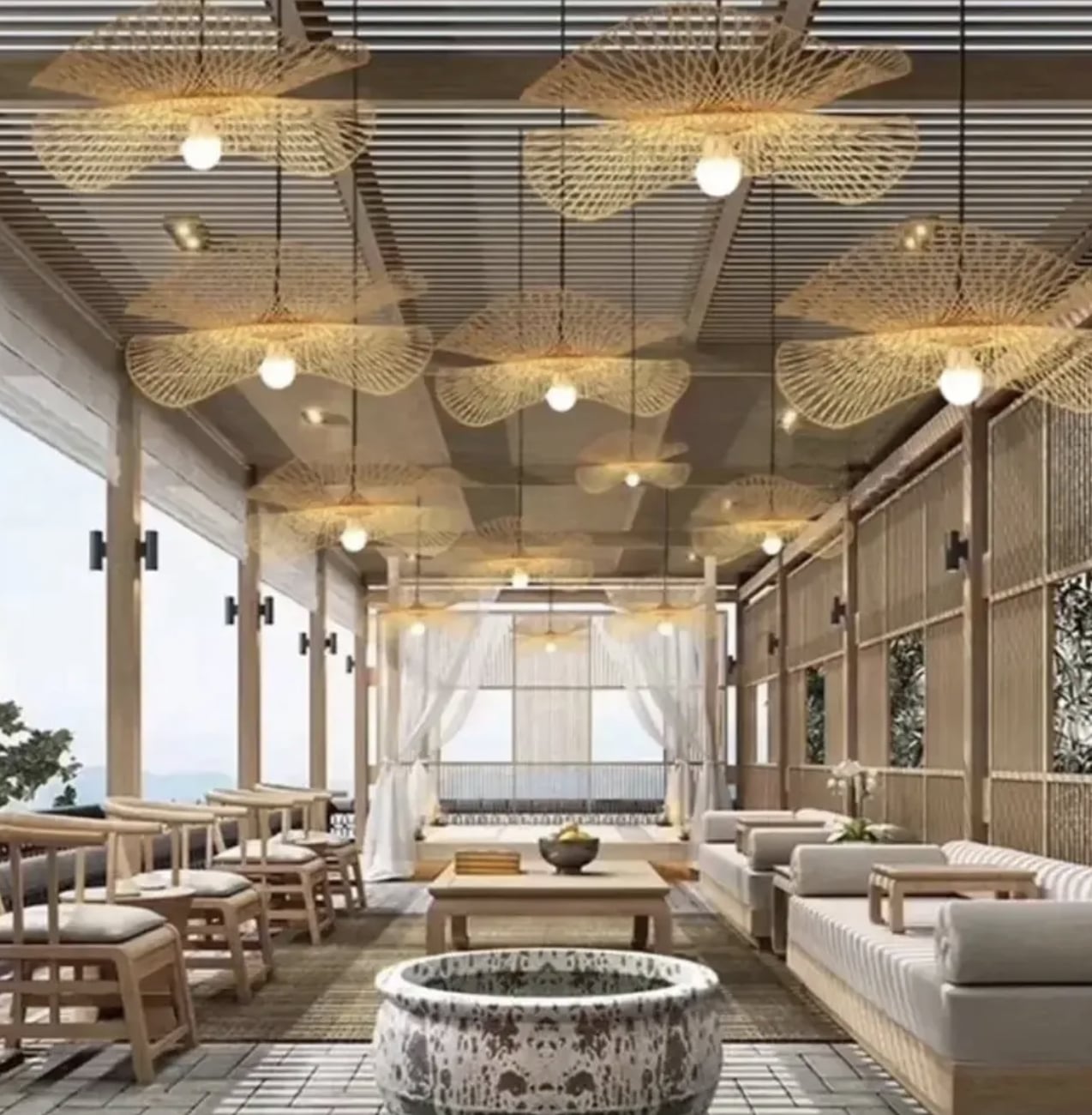 Lampa Wisząca Rattanowa Żyrandol Teahouse