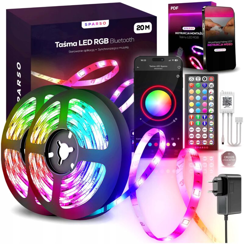Taśma LED RGB 20m Sparso 12V 600 diod – sterowanie pilotem i aplikacją